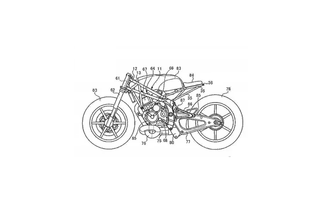 Patent-style technical drawing of a motorcycle
